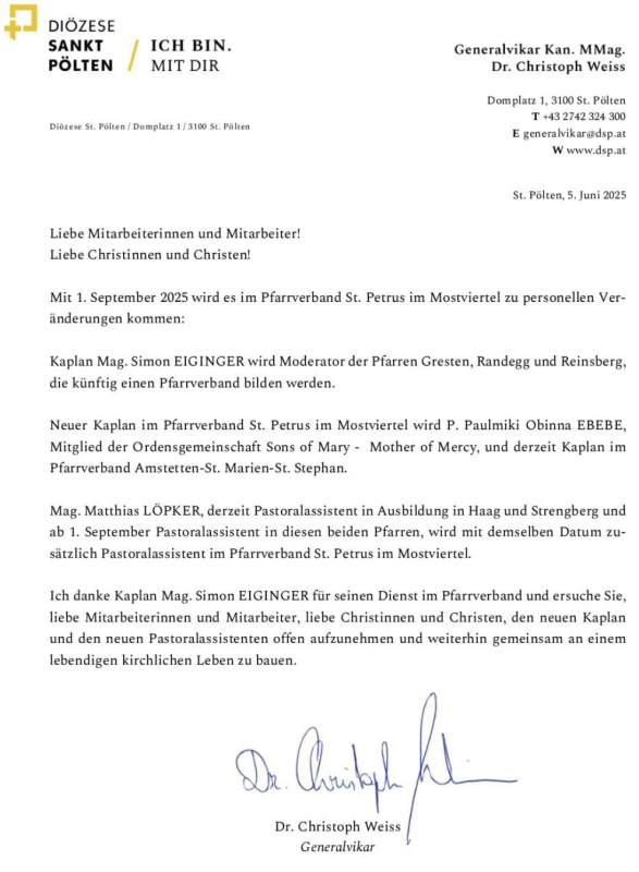 Schreiben Diözese Pfingsten 2025
